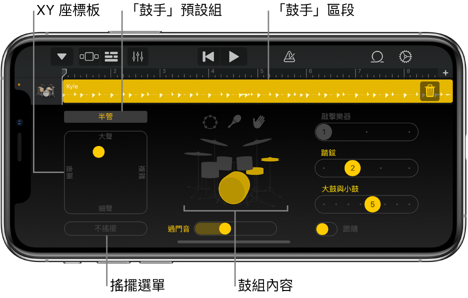 主要介面區域帶有説明的「鼓手」。