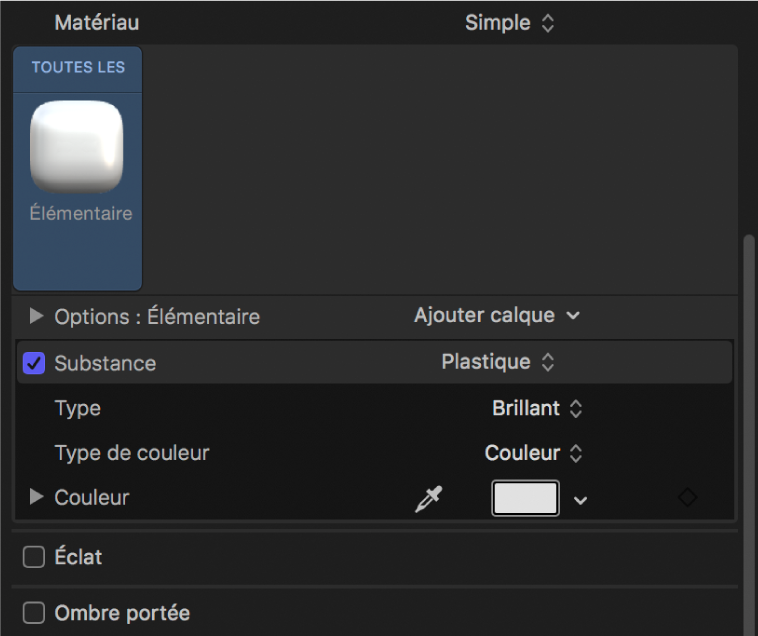 Inspecteur de texte 3D affichant le matériau Blanc basique