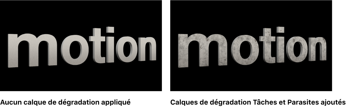 Texte 3D dans le canevas sans aucun calque de déprédation appliqué et avec les calques de déprédation Taches et Poussière appliqués