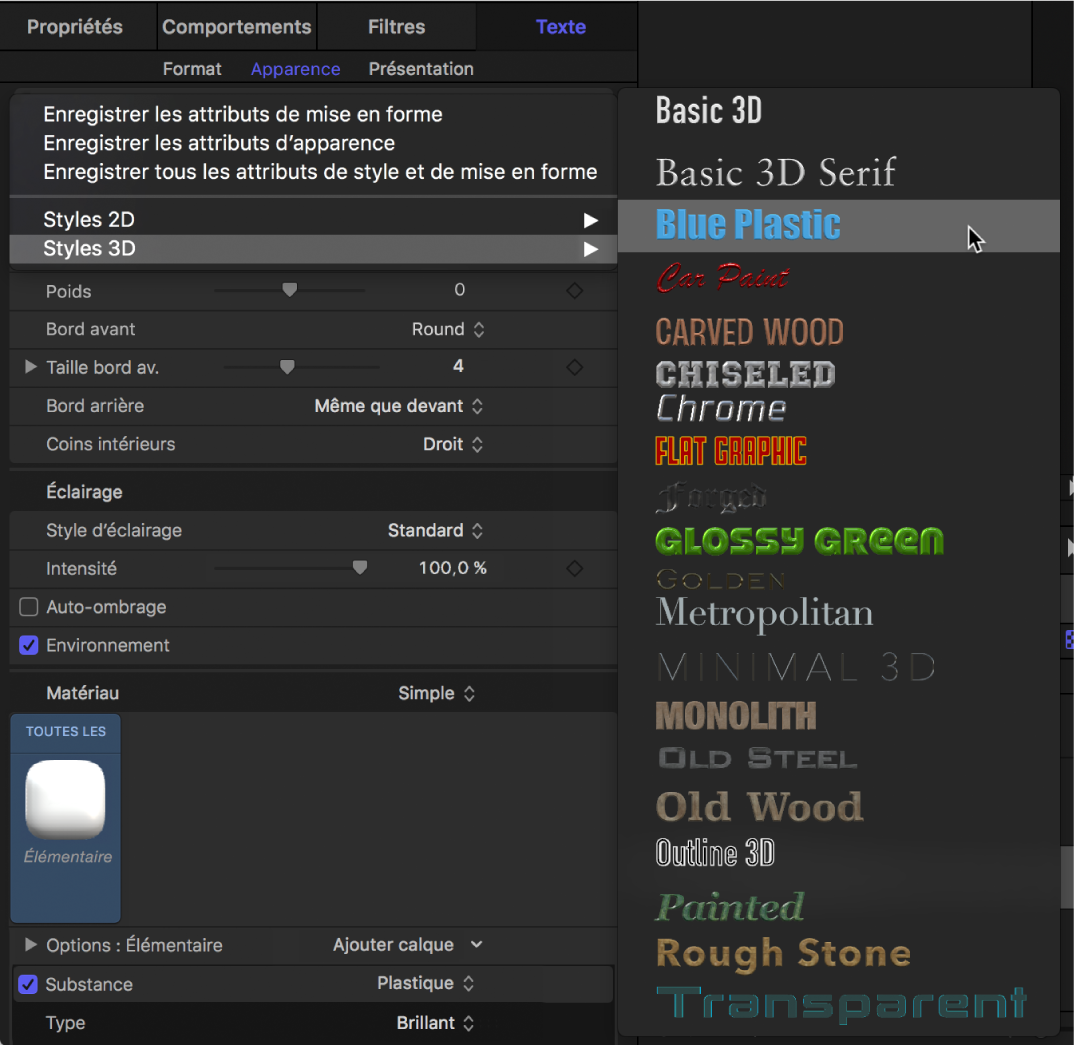 Inspecteur affichant le menu local Styles 3D