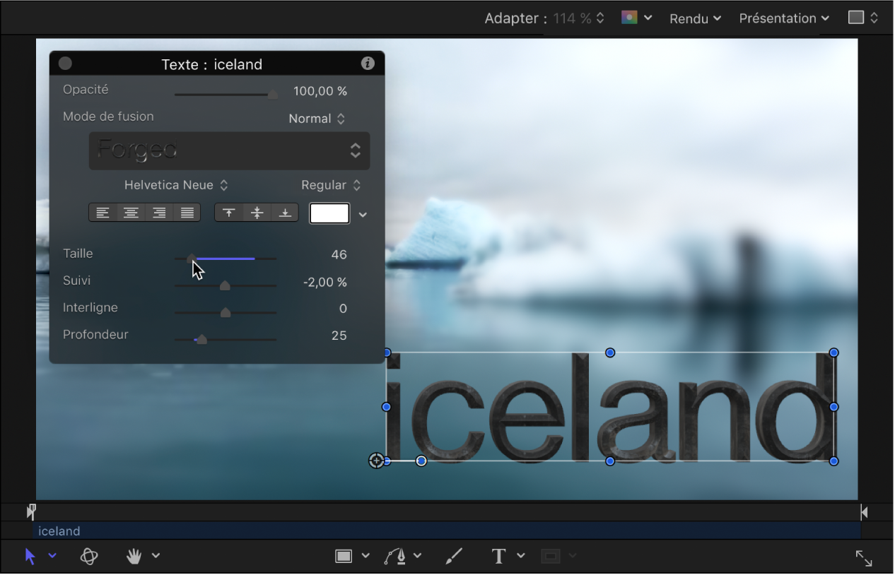 Ajustement dans la palette pour modifier la taille du texte 3D.