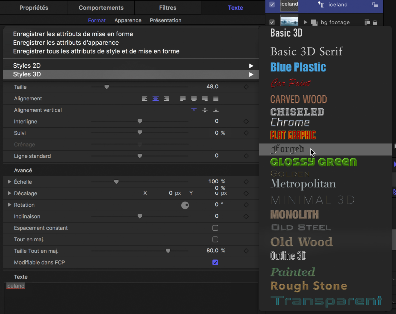 Inspecteur affichant le menu local des styles de texte 3D