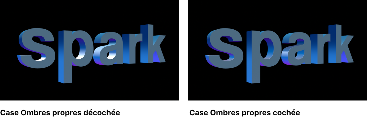 Texte 3D dans le canevas avec case Auto-ombrage décochée et cochée