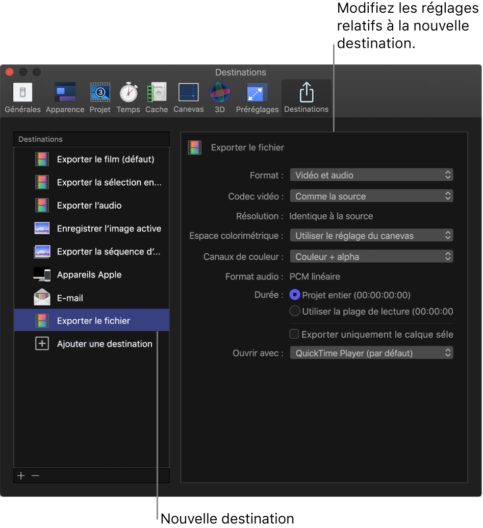 Fenêtre Préférences de Motion affichant la sous-fenêtre Destinations avec la destination « Exporter le fichier » sélectionnée dans la liste Destinations de gauche et les réglages correspondants affichés à droite