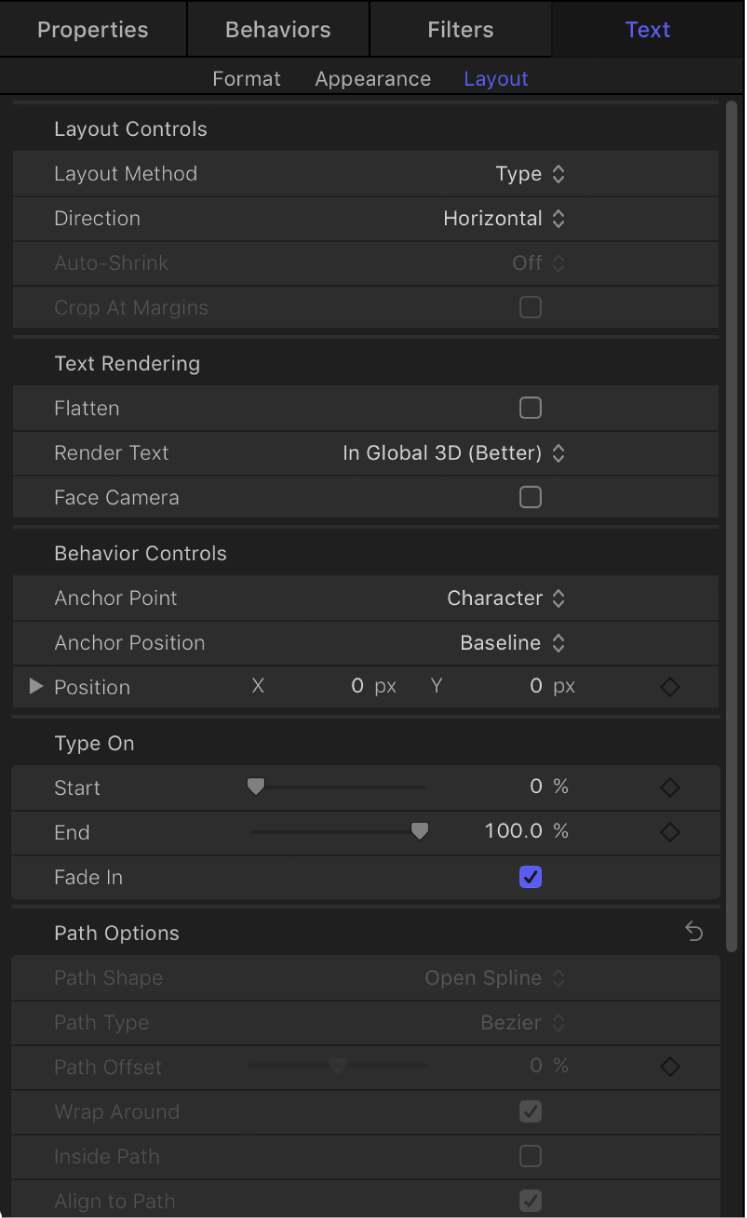 「テキスト」インスペクタの「レイアウト」パネル