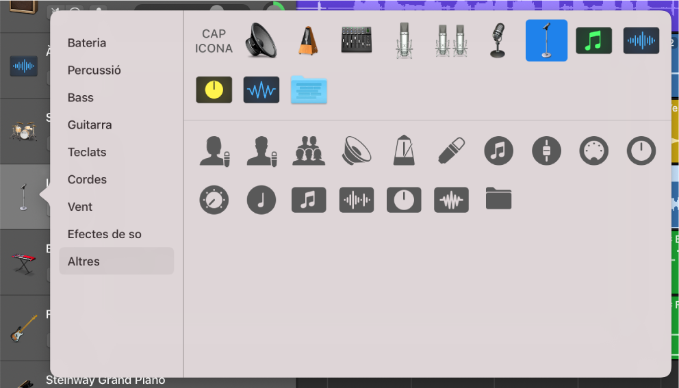 Selecció de la icona d’una pista al menú de dreceres.