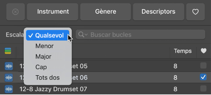 El menú desplegable Escala, obert a l’explorador de bucles.