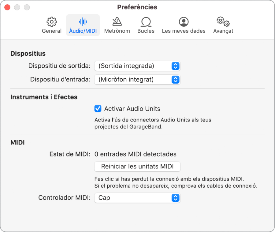 Secció de preferències “Àudio/MIDI”.
