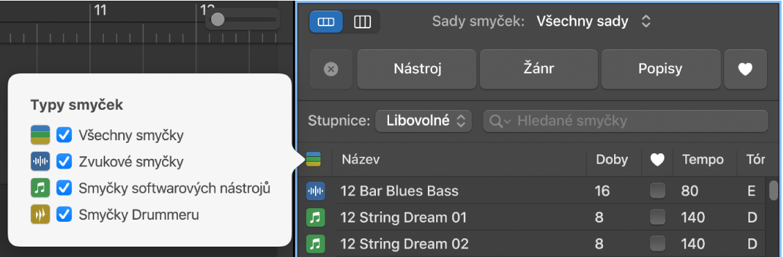 Zobrazené tlačítko Typy smyček