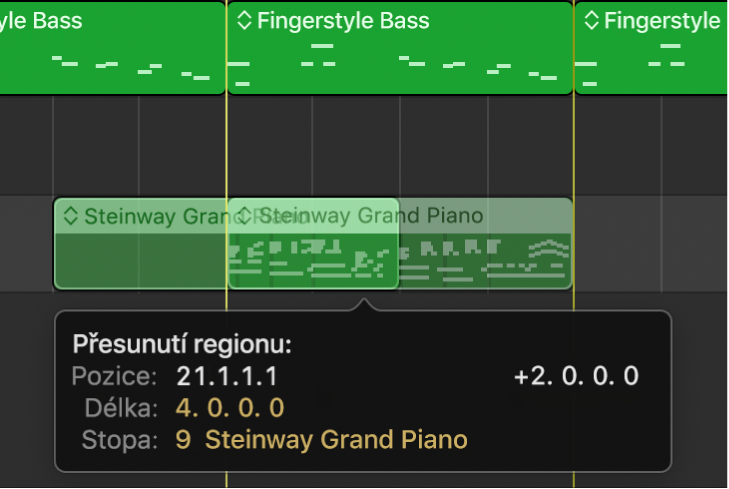 Oblast stop s přesouváním regionu za použití vodítek zarovnání.