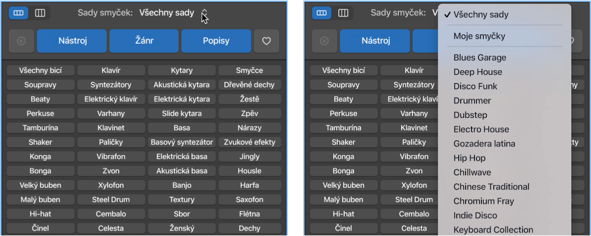 Obrázek otevřené místní nabídky Smyčky.