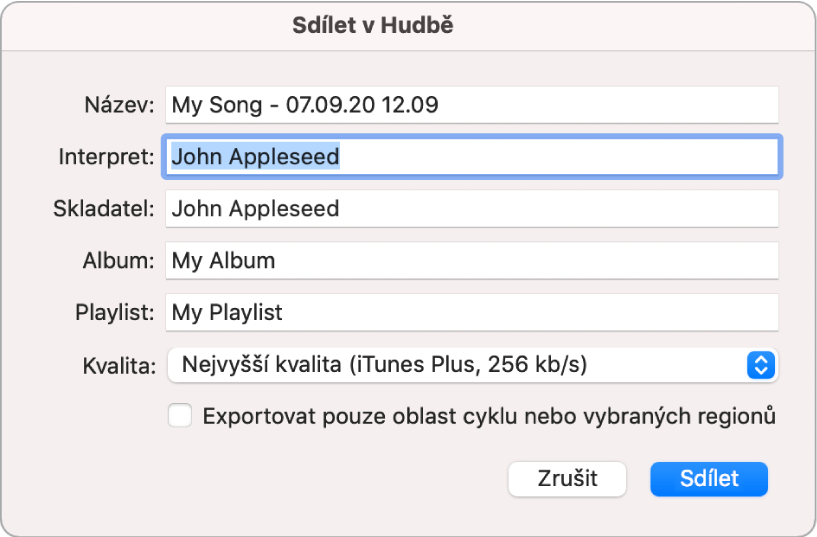 Dialogové okno Sdílet v aplikaci Hudba