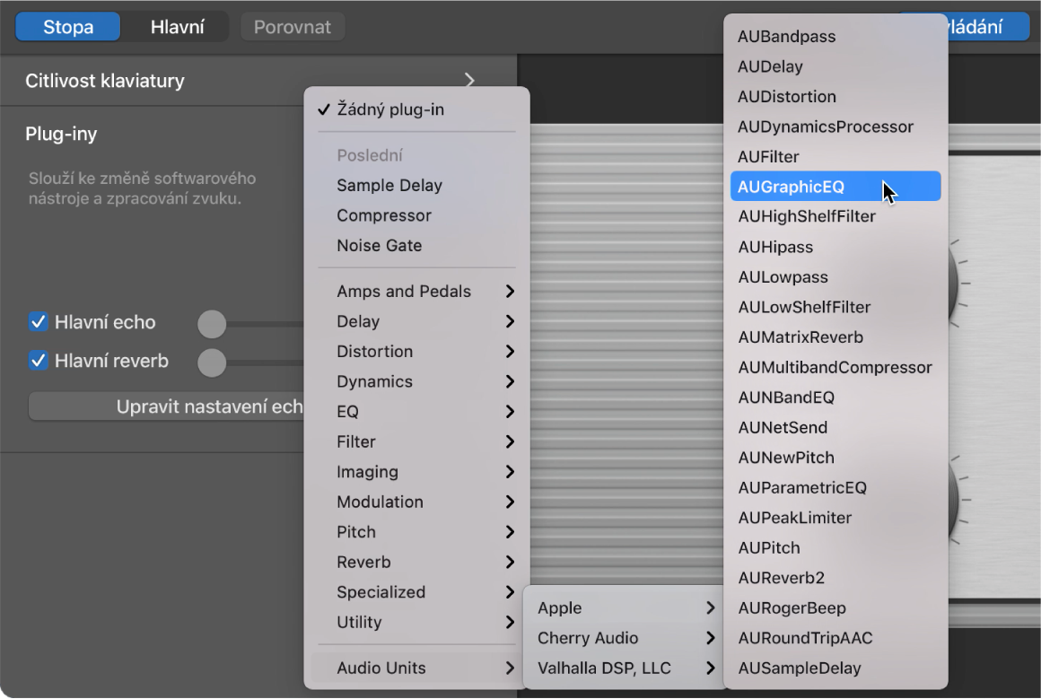 Výběr plug-inu Zvukové jednotky z místní nabídky Zvukové jednotky v oblasti Plug-iny.