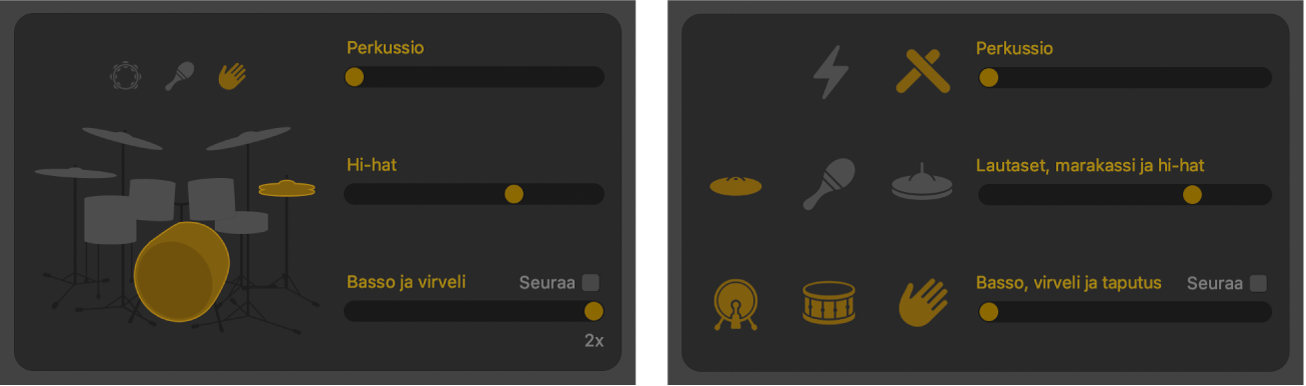 Drummer-editori, jossa näkyy kuviovariaation säätimiä.