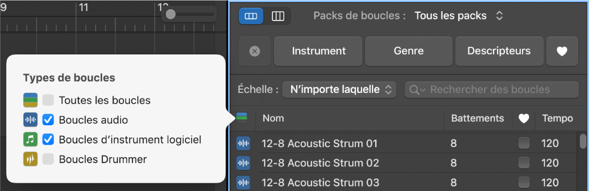 Utilisation du bouton Types de boucles pour filtrer les types de boucles.