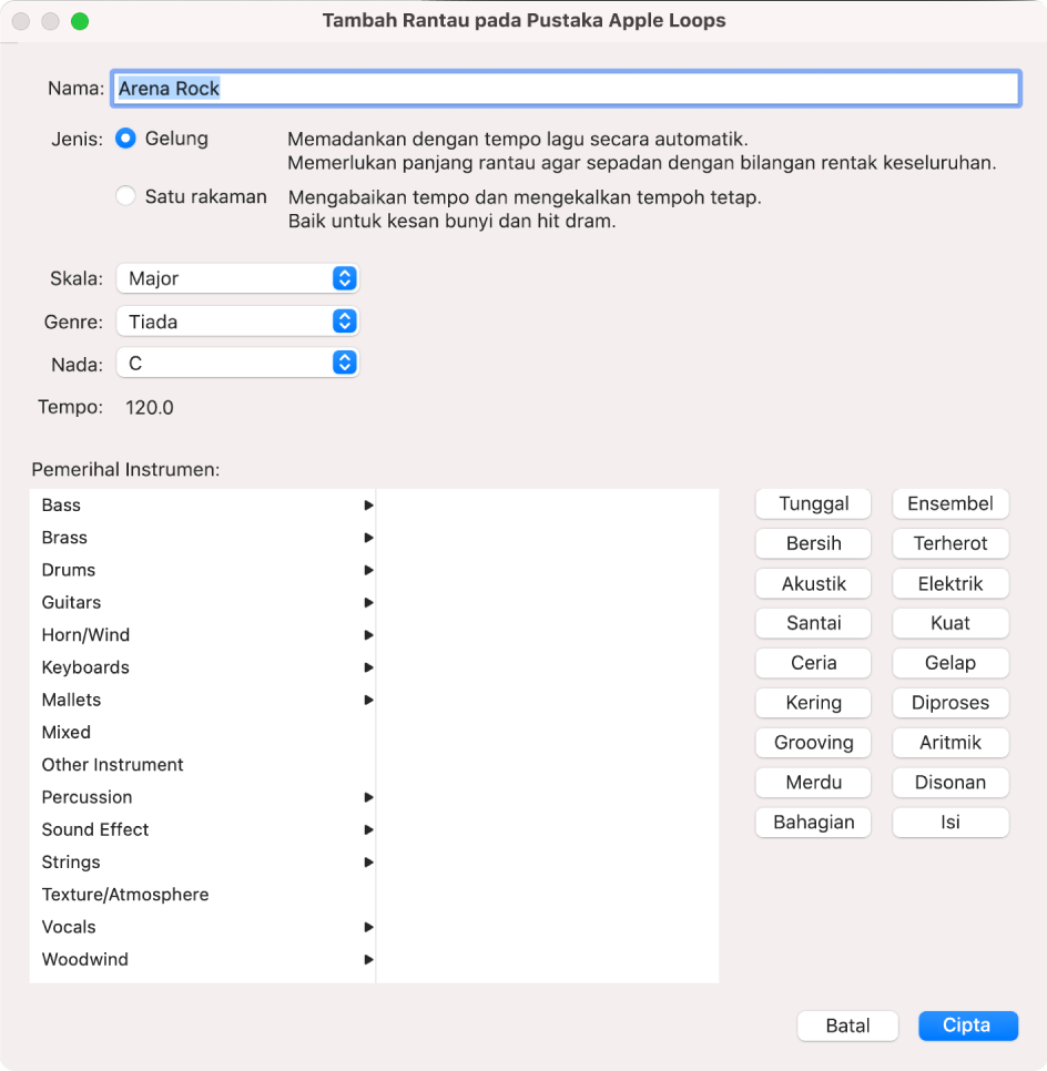 Dialog Tambah Rantau pada Pustaka Apple Loops.