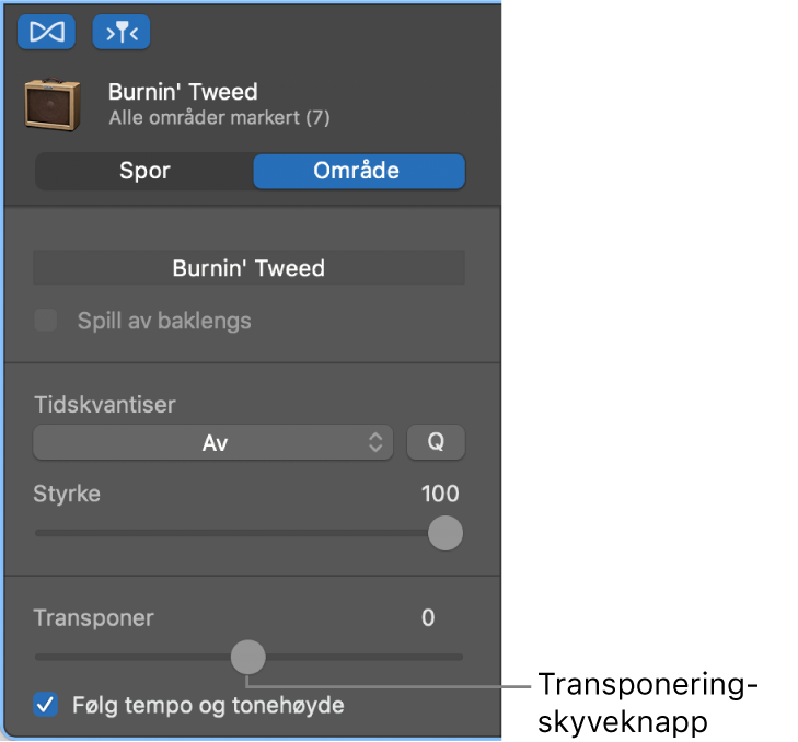 Lydredigering-inspektøren i Område-modus, som viser Transponer-skyveknappen.
