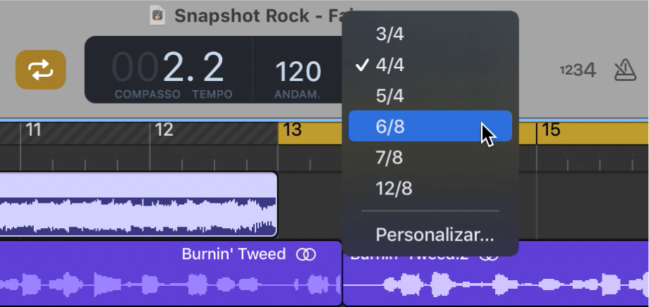 Seleção de novo compasso no menu pop-up no LCD