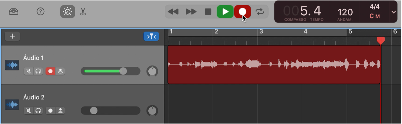 Ilustração de uma região de áudio gravada a vermelho na área de faixas.