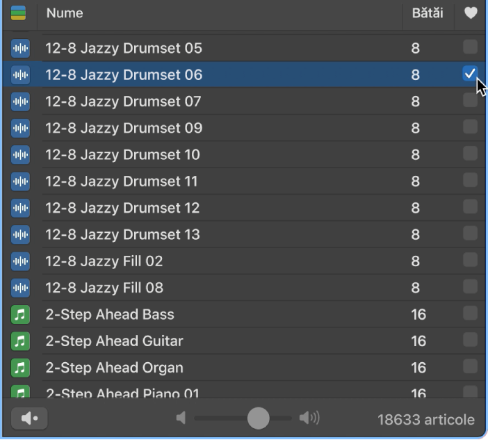 Caseta de validare Favorite din Browserul de bucle.