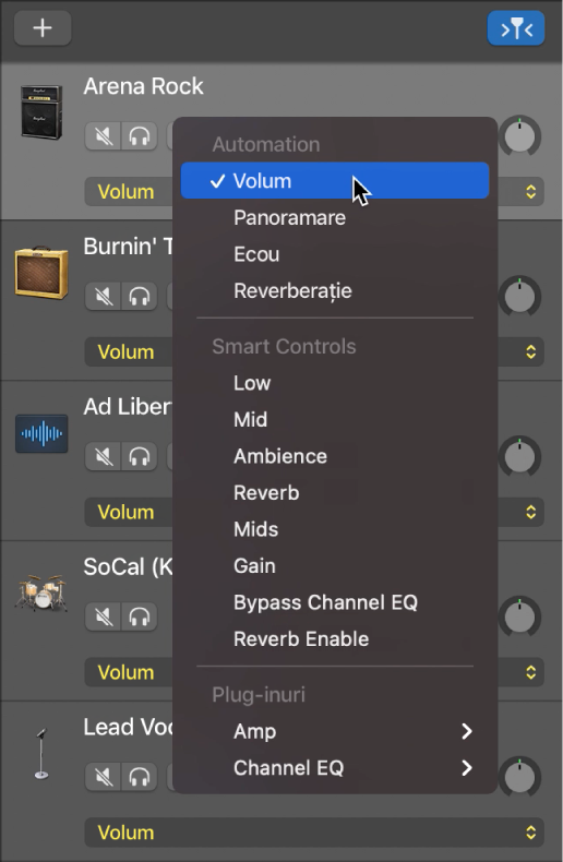 Afișarea meniului pop-up Parametru de automatizare deschis.