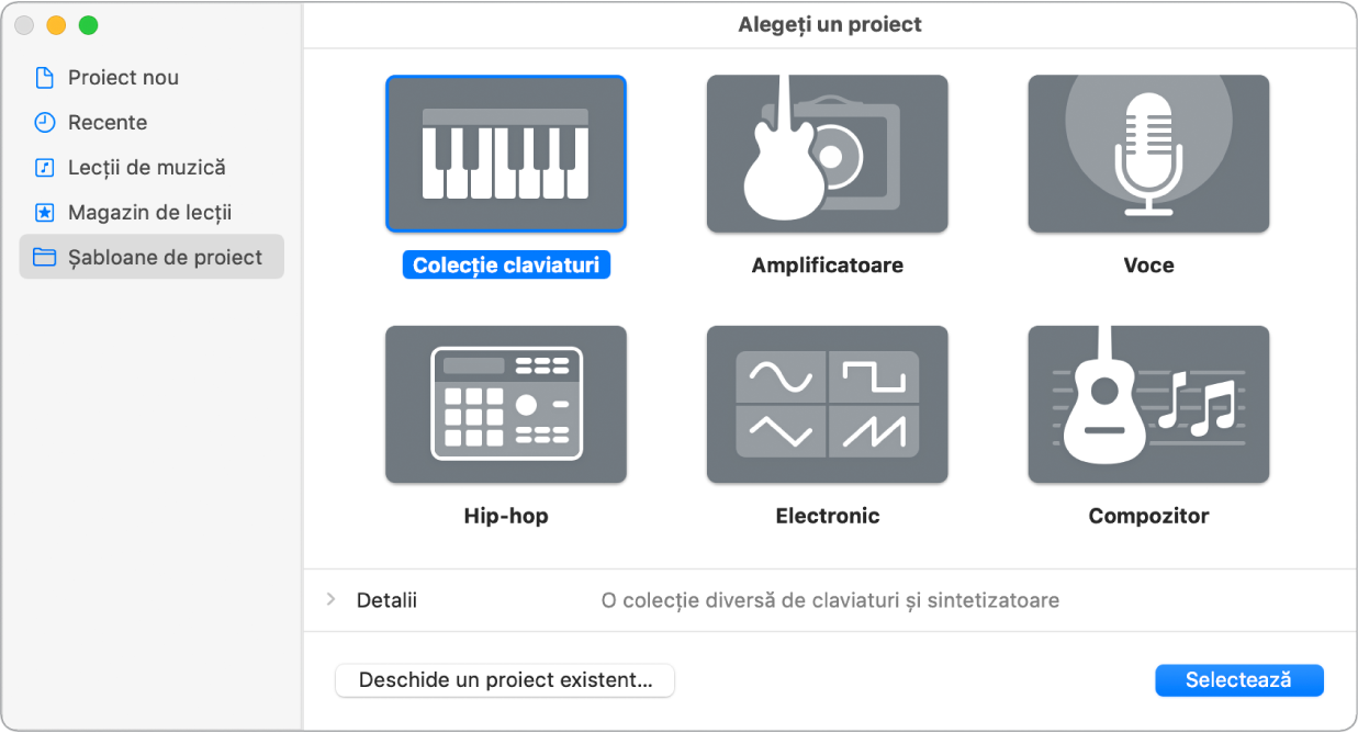 Selectorul de proiecte afișând șabloanele Proiect nou.