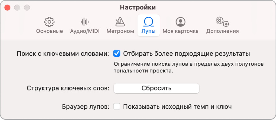 Настройки лупов.