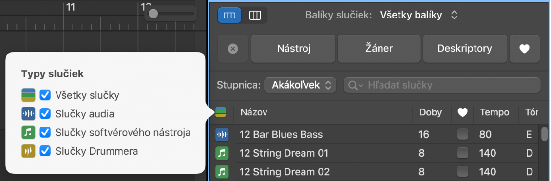 Zobrazuje sa tlačidlo Typy slučiek.