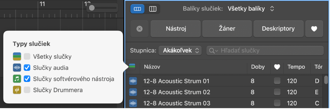 Použitie tlačidla Typy slučiek na filtrovanie typov slučiek.