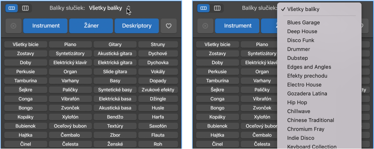 Znázorňuje otvorené vyskakovacie menu Slučky.