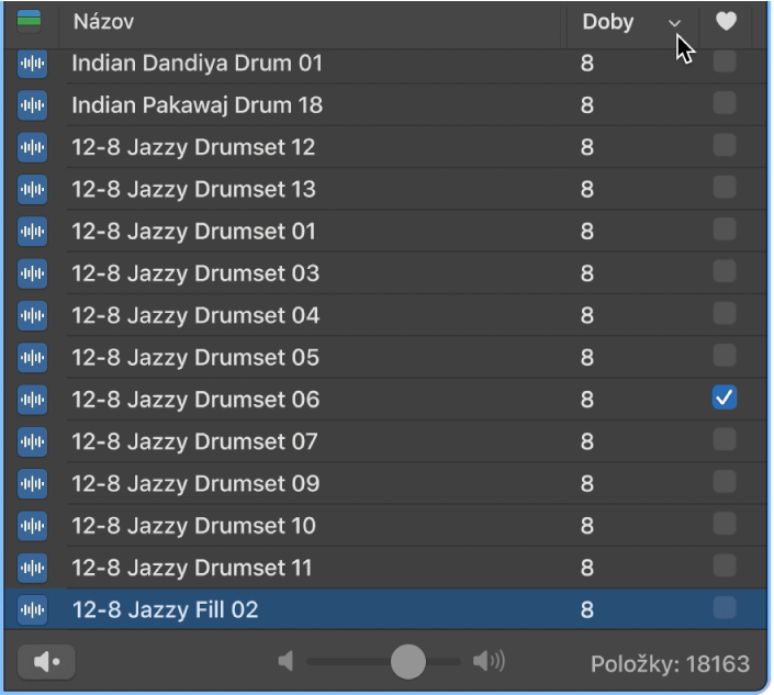 Ukázanie na hlavičku stĺpca Údery v Prehliadači slučiek.