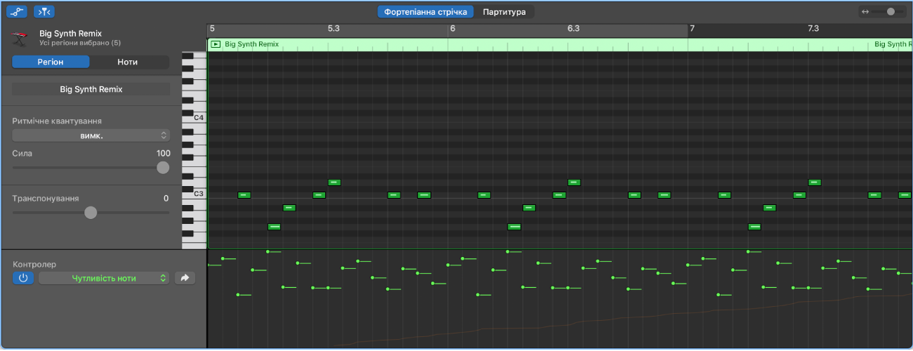 Відображення автоматизації в редакторі фортепіанної стрічки.