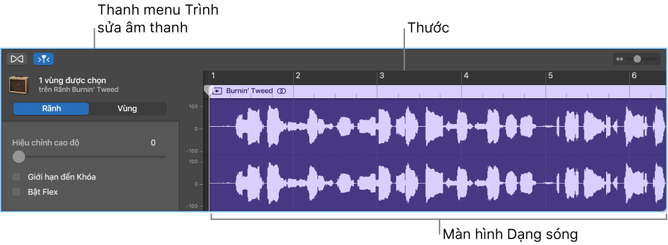Trình sửa âm thanh với vùng được chọn.