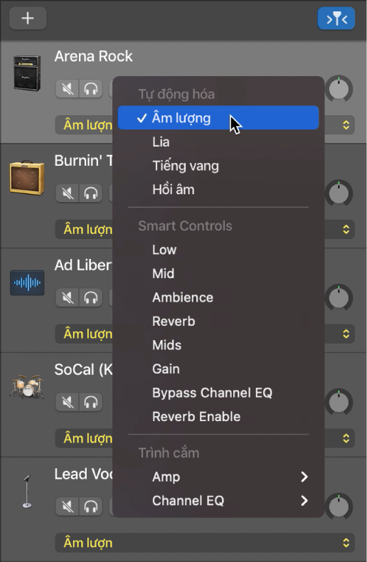 Đang hiển thị menu bật lên Tham số tự động hóa đang mở.
