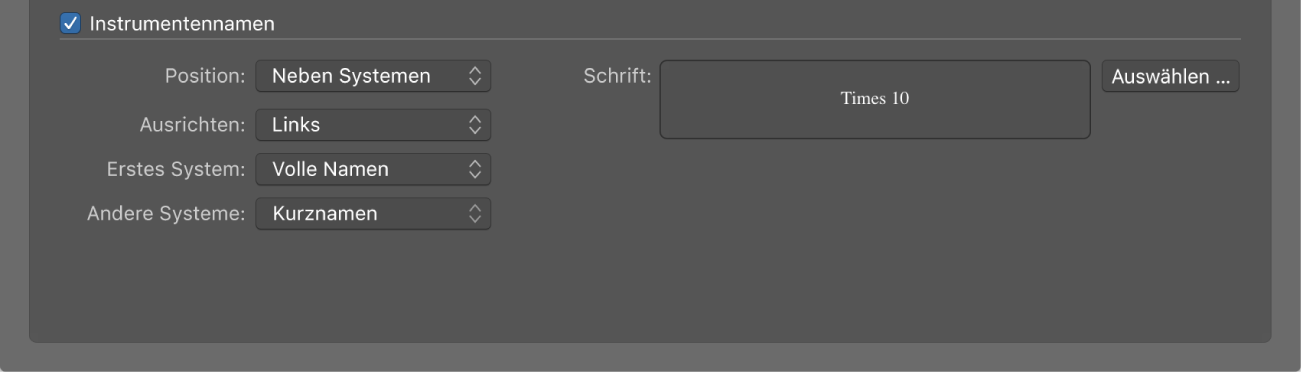 Abbildung. Abschnitt „Instrumentennamen“ des Bereichs „Nummern & Namen“