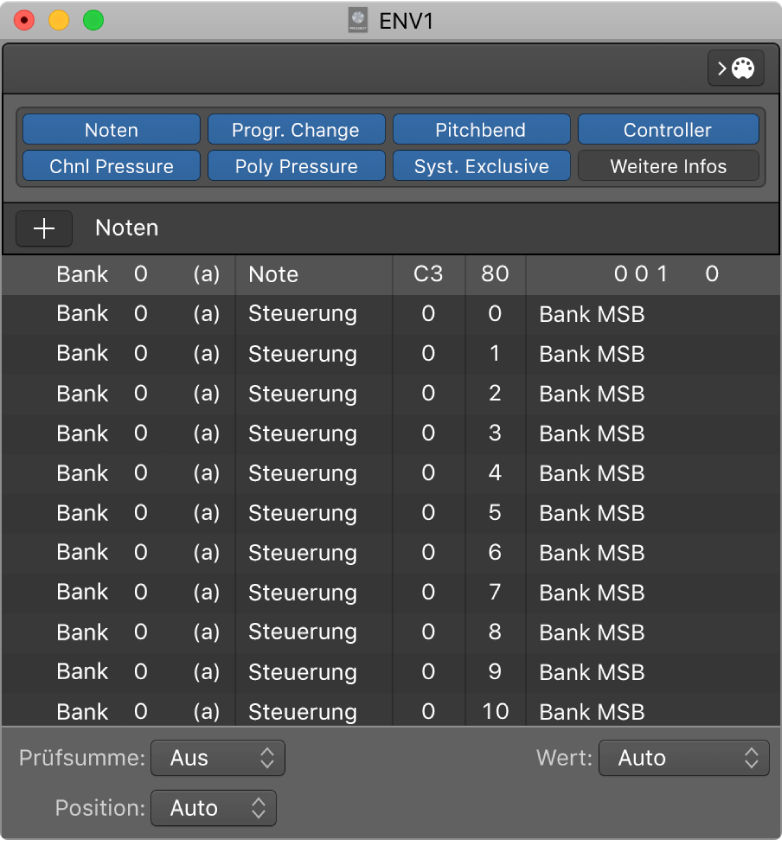 Abbildung. Fenster „Event-Liste“ mit Anzeige von eigenen Bank Select-Befehlen