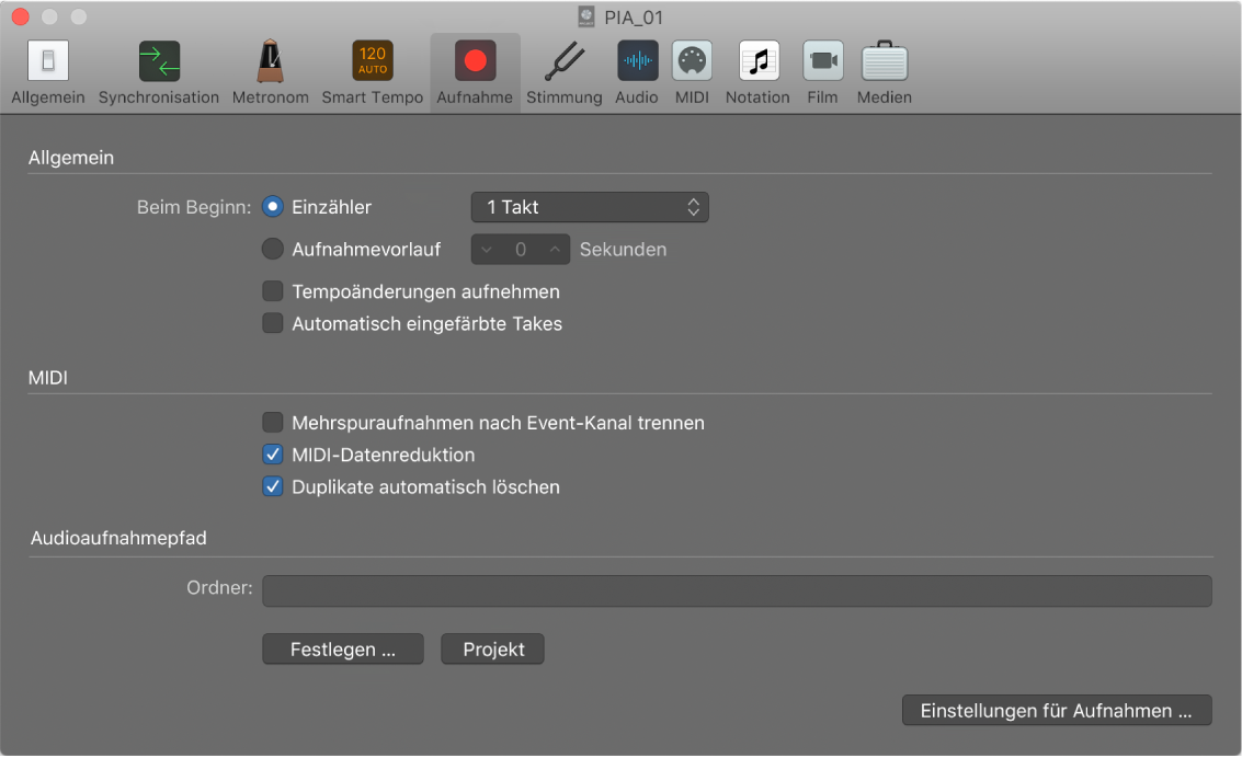 Abbildung. Bereich „Aufnahme“