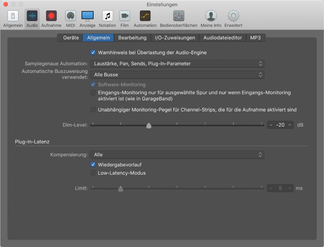 Abbildung. Bereich „Audio“ im Bereich „Allgemein“