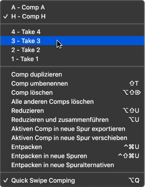 Abbildung. Auswählen eines Takes im Einblendmenü