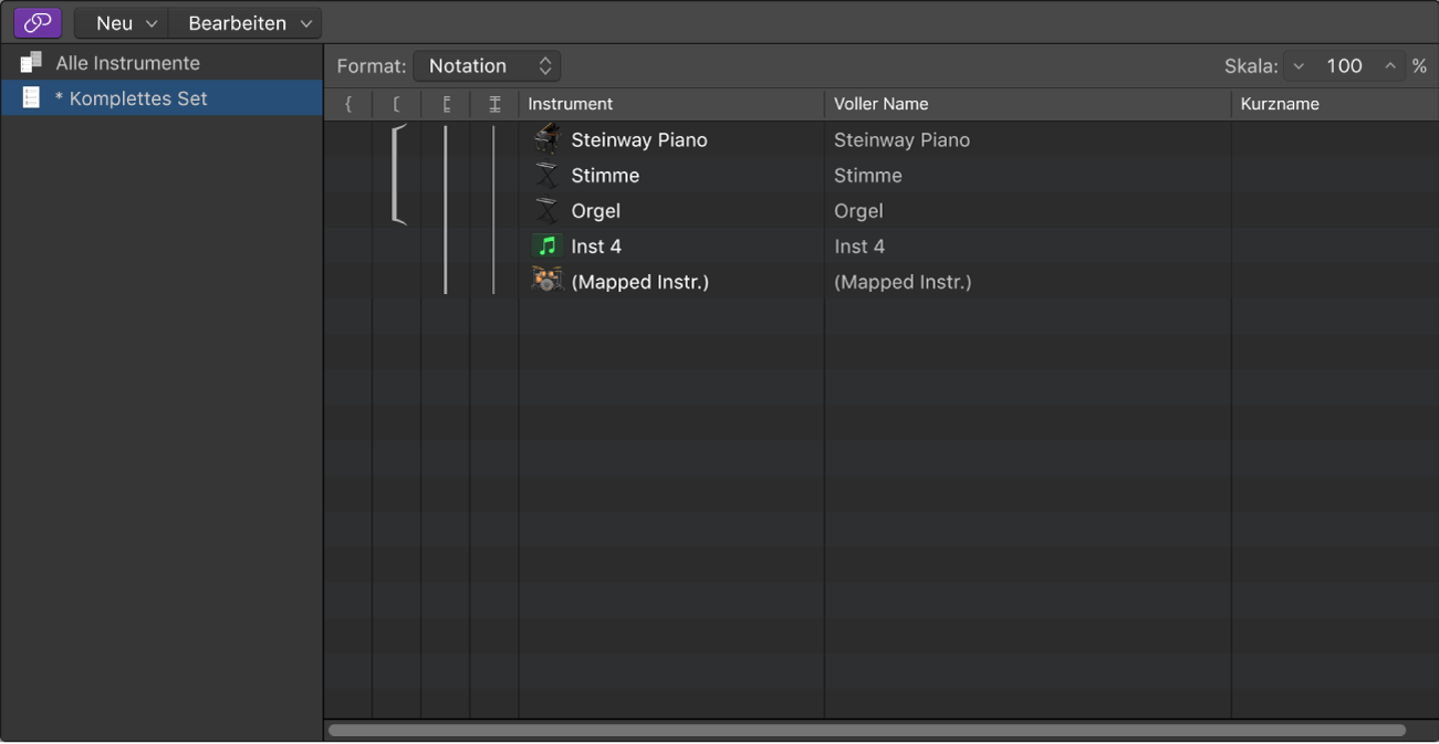 Spalte „Instrument“ im Fenster „Notationsset“