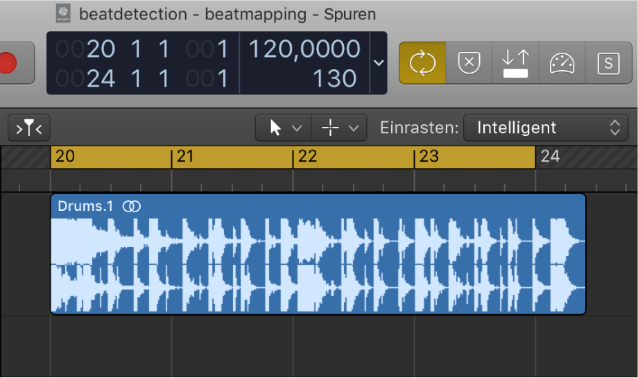Abbildung. Bereich „Spuren“ mit Anzeige eines Locator-Bereichs, der etwas kürzer als die Audioregion ist