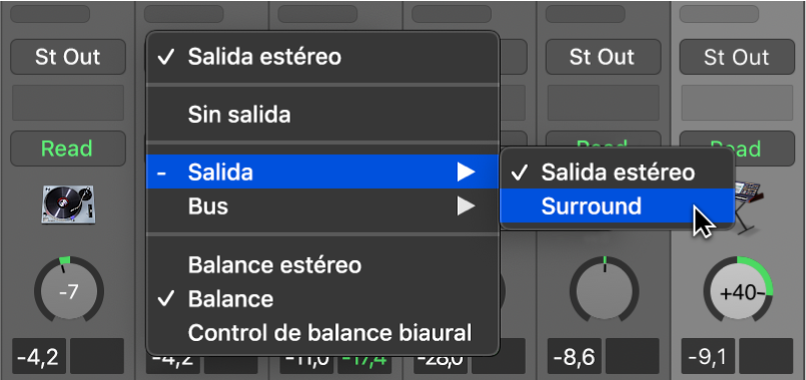 Ilustración. Se está seleccionado Surround en el menú desplegable Salida de un canal.