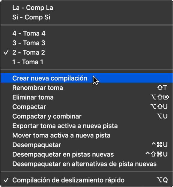 Ilustración. Se está seleccionando la opción “Crear nueva compilación” en el menú desplegable.