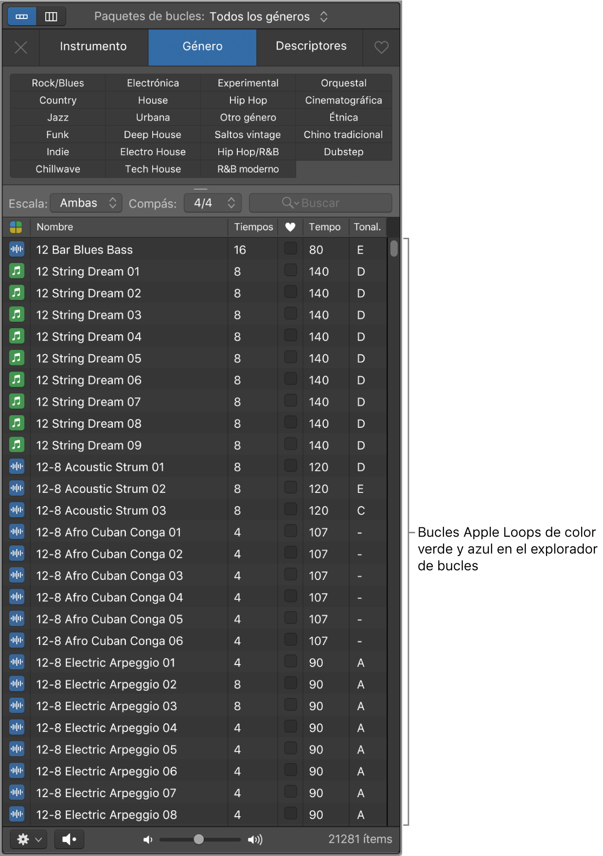 Explorador de bucles mostrando bucles Apple Loops de instrumento de software (en color verde) y de audio (en color azul).