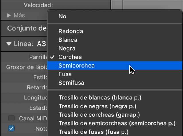 Ilustración. Menú desplegable Parrilla del inspector.