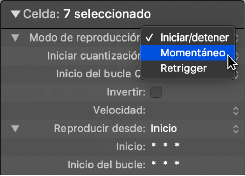 Ilustración. Ajuste del modo de reproducción del inspector de celdas.