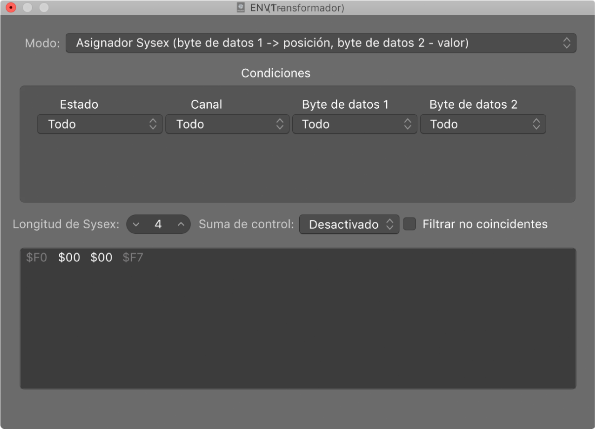 Ilustración. Asignador SysEx en la ventana Transformador.