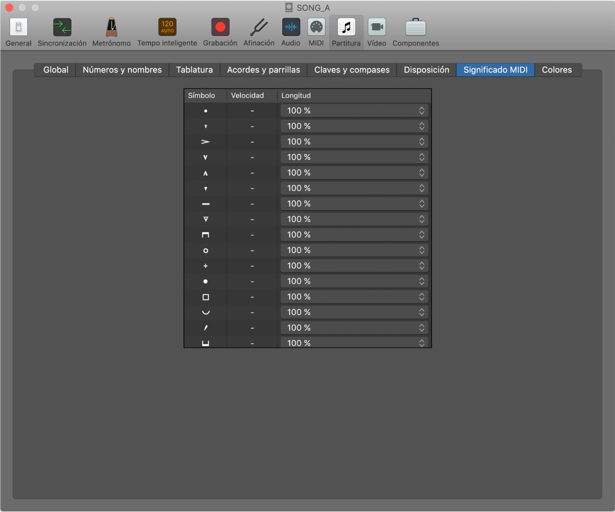 Ilustración. Ajustes de “Significado MIDI”.