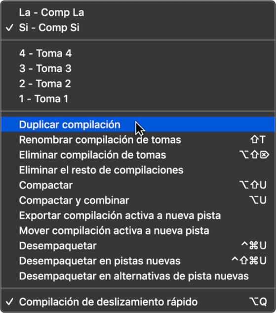 Ilustración. Se está seleccionando la opción “Duplicar compilación” en el menú desplegable.