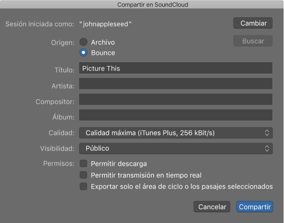 Ilustración. Cuadro de diálogo “Compartir en SoundCloud”.